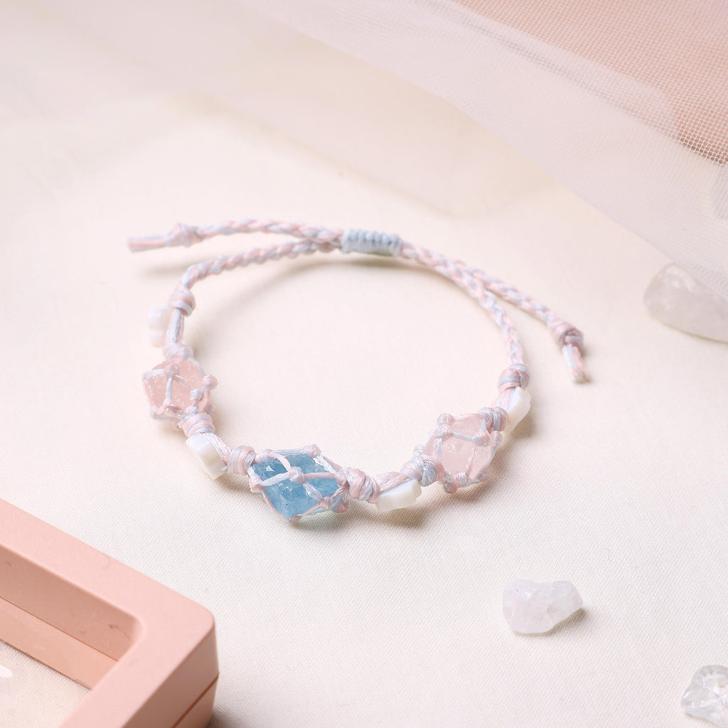 Aquamarin- und Rosenquarz-Armband mit Perlmuttkleeblatt – Ansicht 1