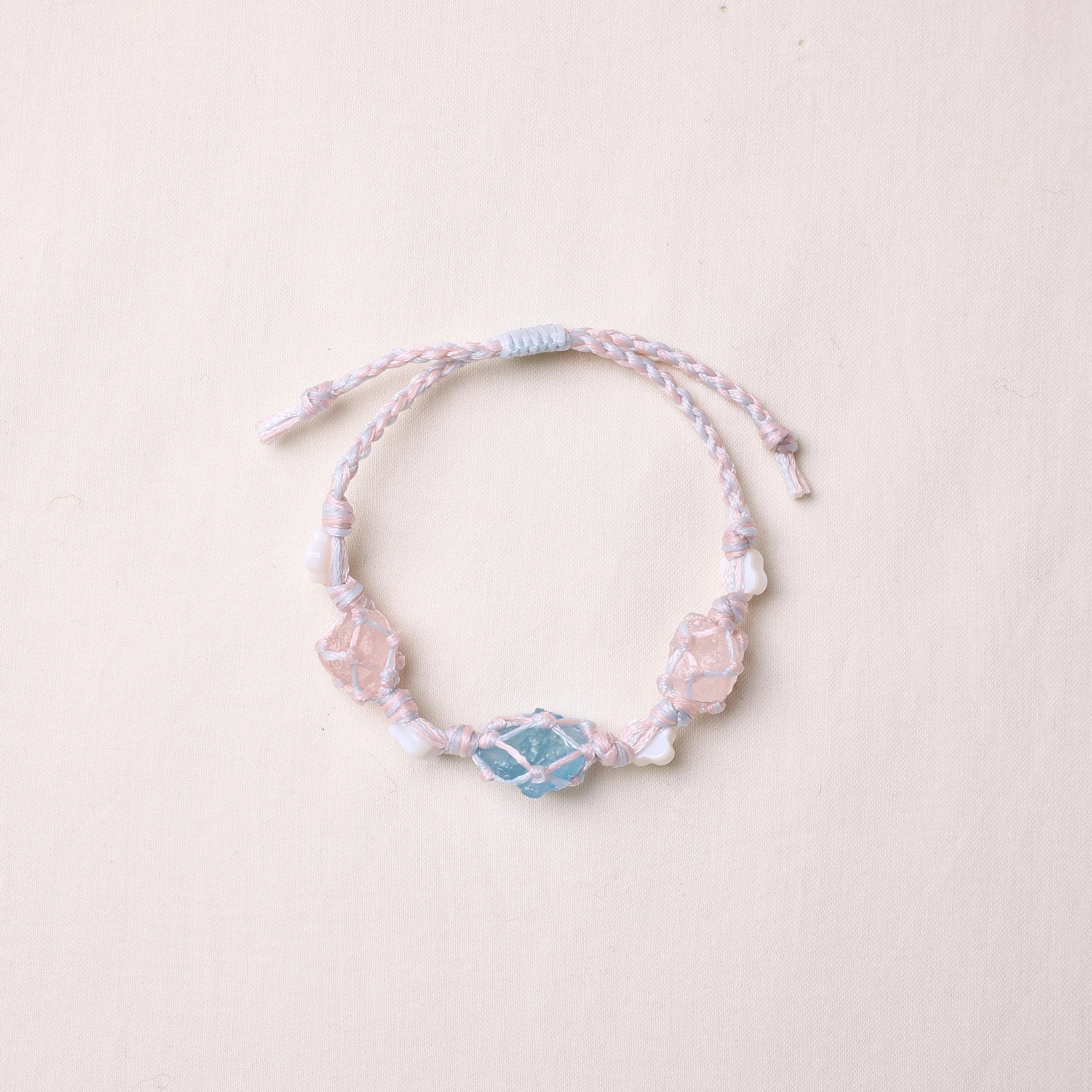 Aquamarin- und Rosenquarz-Armband mit Perlmuttkleeblatt – Ansicht 2